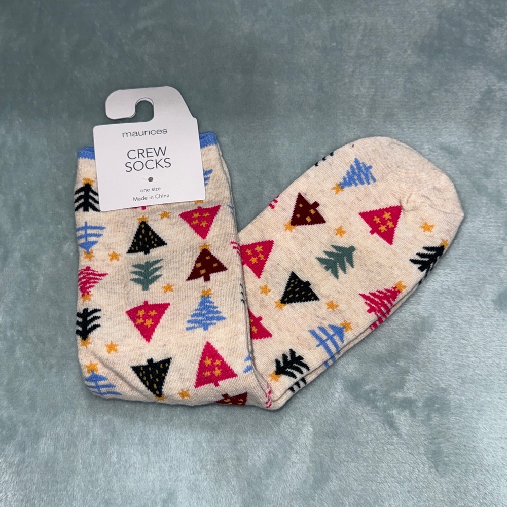 Maurices Cream Socks with Festive Tree Design